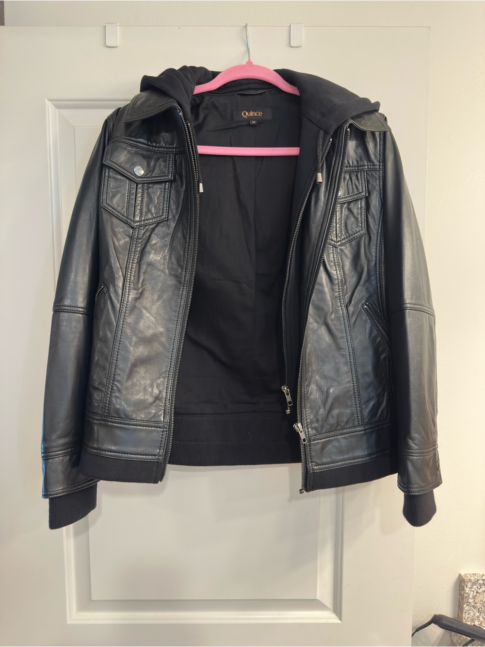 Quince Black Leather Hooded Jacket with Zip Front